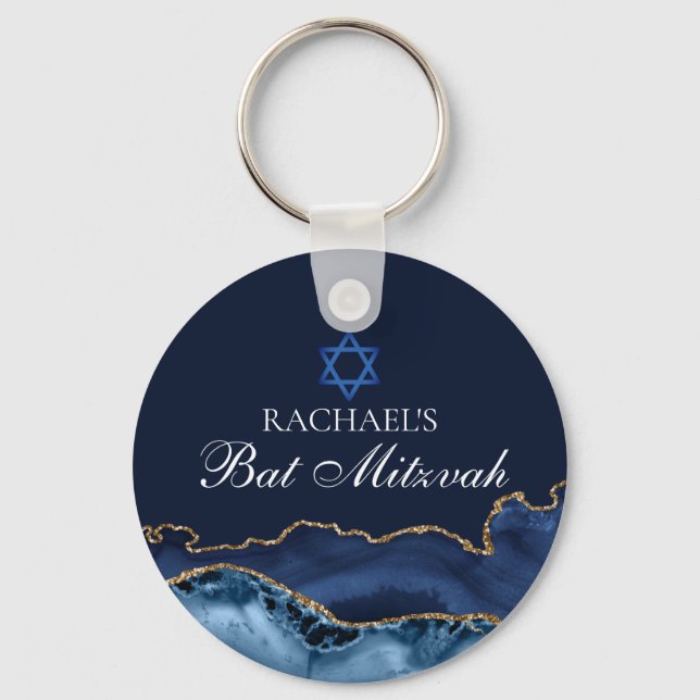 Navy Blue Gold Agate Custom Bat Mitzvah Party Keychain (Back)