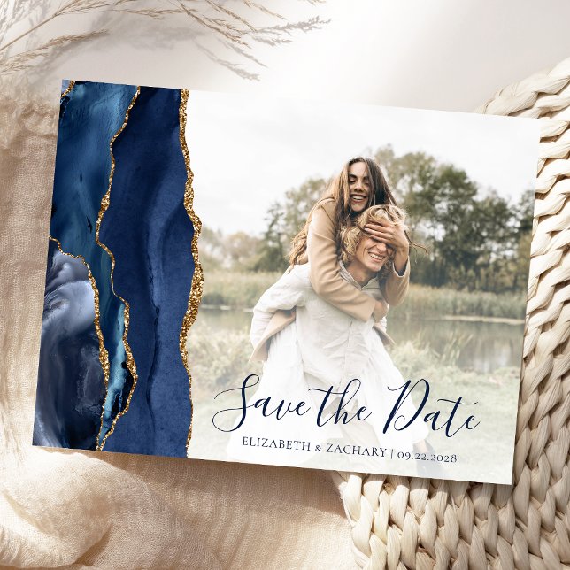Navy Blue Gold Agate Custom Photo Save the Date Postcard (Creator Uploaded)