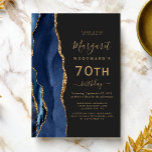 Navy Blue Gold Agate Dark 70th Birthday Party Invitation<br><div class="desc">The left-hand edge of this elegant modern birthday party invitation features a navy blue watercolor agate border trimmed with gold faux glitter. The customizable text combines gold-coloured handwriting,  copperplate and italic fonts on a slate black background. The reverse side features a matching blue and gold agate design.</div>