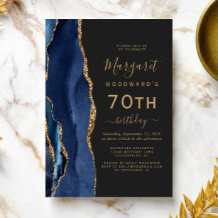 Navy Blue Gold Agate Dark 70th Birthday Party Invitation