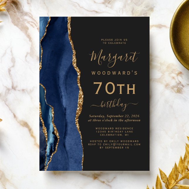 Navy Blue Gold Agate Dark 70th Birthday Party Invitation (Creator Uploaded)