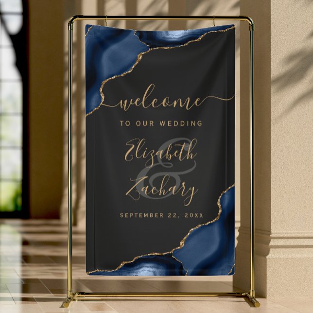 Navy Blue Gold Agate Dark Wedding Welcome Banner (Creator Uploaded)