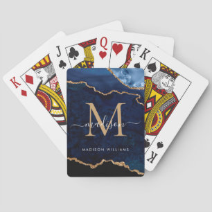 Navy Blue Gold Agate Geode Glitter Monogram Playing Cards