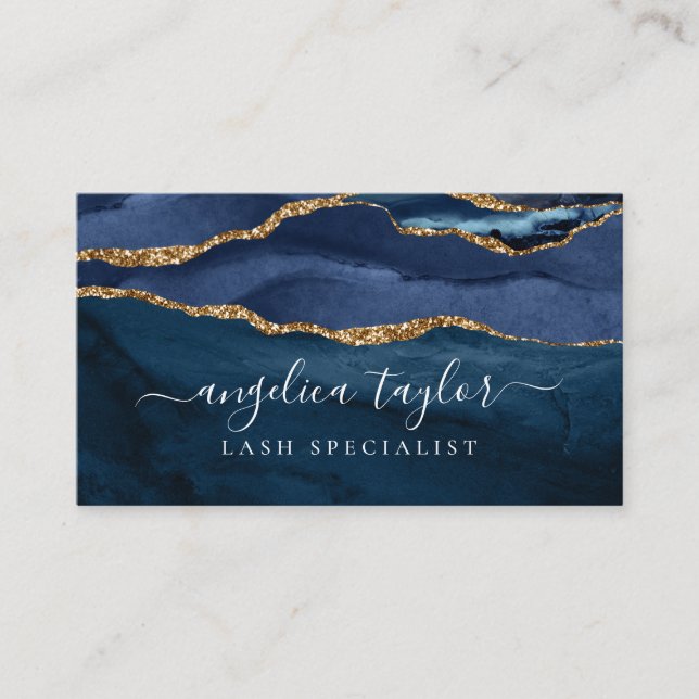 Navy Blue Gold Agate Geode Monogram Elegant Script Business Card (Front)
