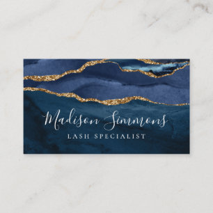 Navy Blue Gold Agate Geode Monogram Girly Script Business Card