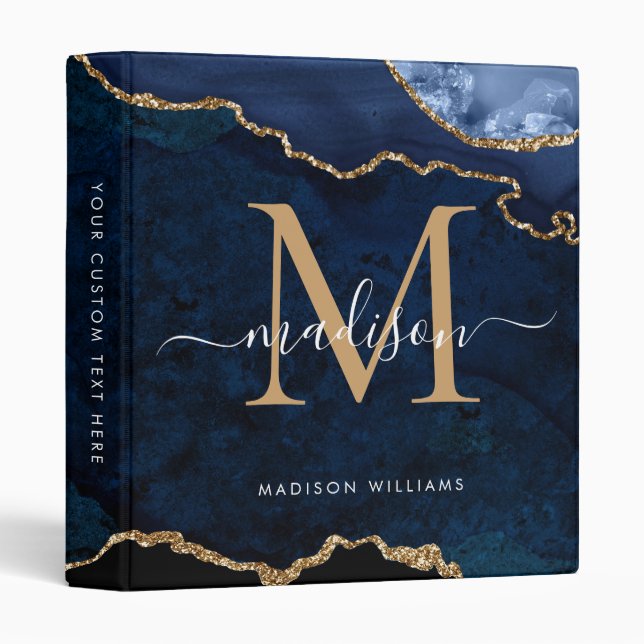 Navy Blue Gold Agate Geode Monogram Script Name Binder (Front/Spine)