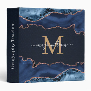 Navy Blue Gold Agate Geode Monogram Script Name   Binder