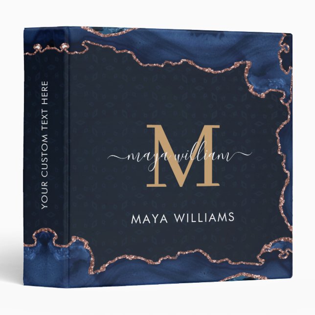 Navy Blue Gold Agate Geode Monogram Script Name   Binder (Front/Spine)