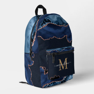Navy Blue Gold Agate Geode Monogram Script Name Printed Backpack