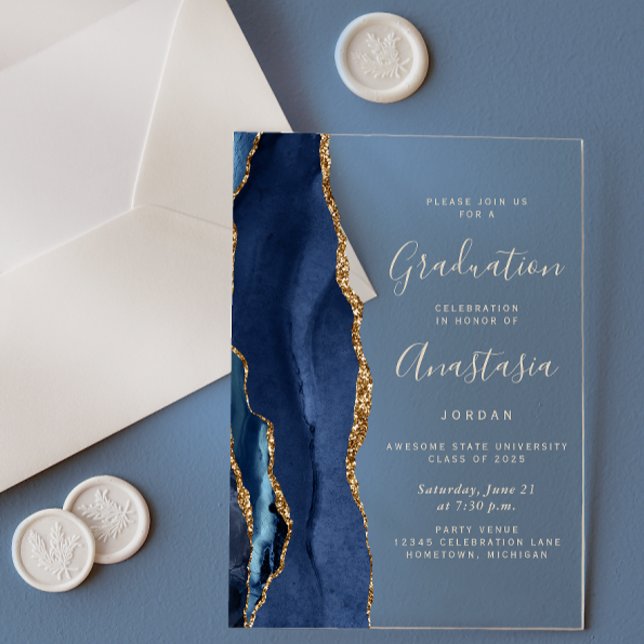 Navy Blue Gold Agate Gold Text Graduation Acrylic Invitations (Creator Uploaded)