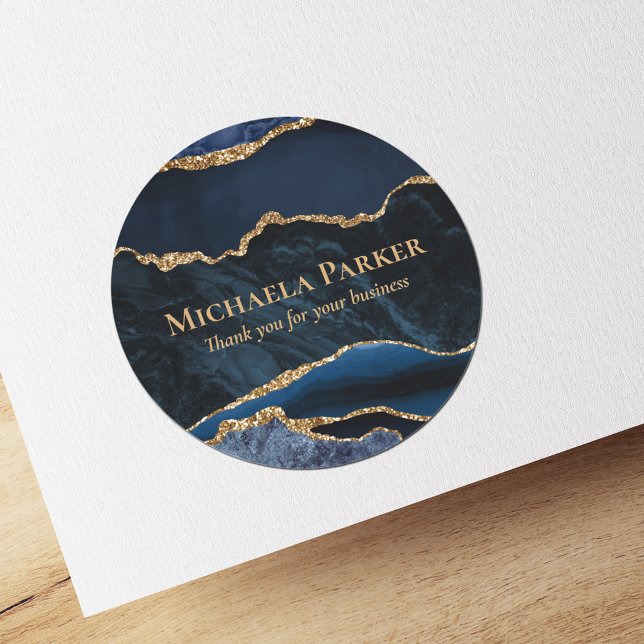 Navy Blue Gold Agate Marble Business Thank You Classic Round Sticker (Creator Uploaded)