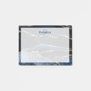 Navy Blue Gold Agate Marble Modern Monogram Post-it Notes