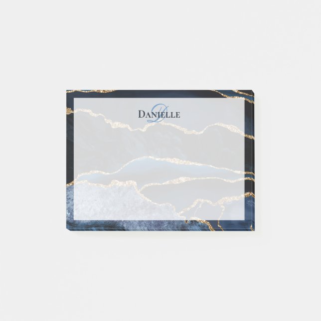 Navy Blue Gold Agate Marble Modern Monogram Post-it Notes (Front)