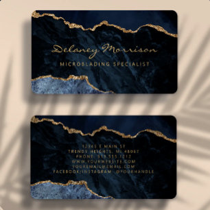 Navy Blue Gold Agate Microblading Rounded Business Card
