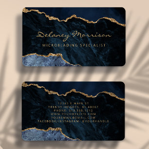 Navy Blue Gold Agate Microblading Rounded Business Card