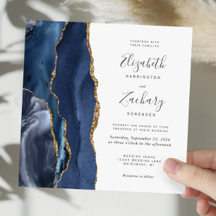Navy Blue Gold Agate Modern Square Wedding Invitation