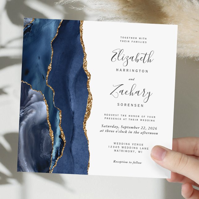 Navy Blue Gold Agate Modern Square Wedding Invitation (Creator Uploaded)