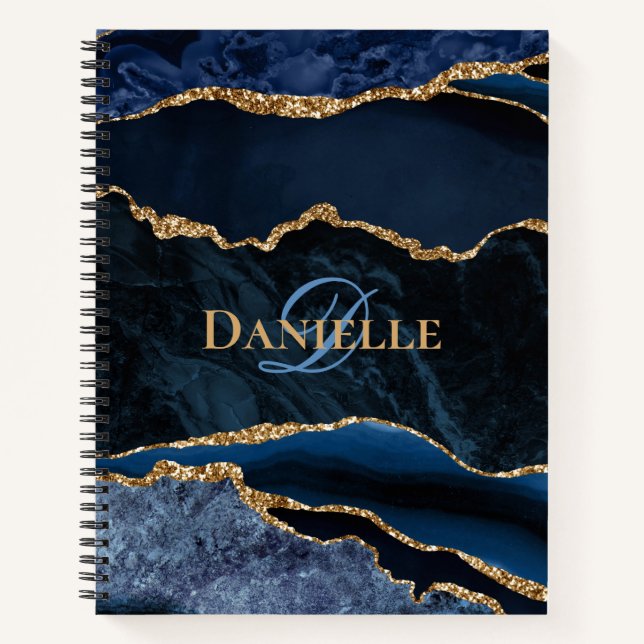 Navy Blue Gold Agate Monogram Notebook (Front)