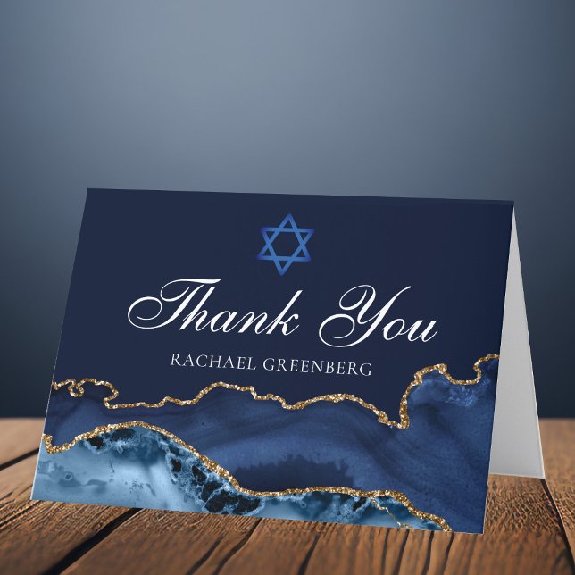 Navy Blue Gold Agate Personalized Bat Mitzvah Thank You Card (Creator Uploaded)