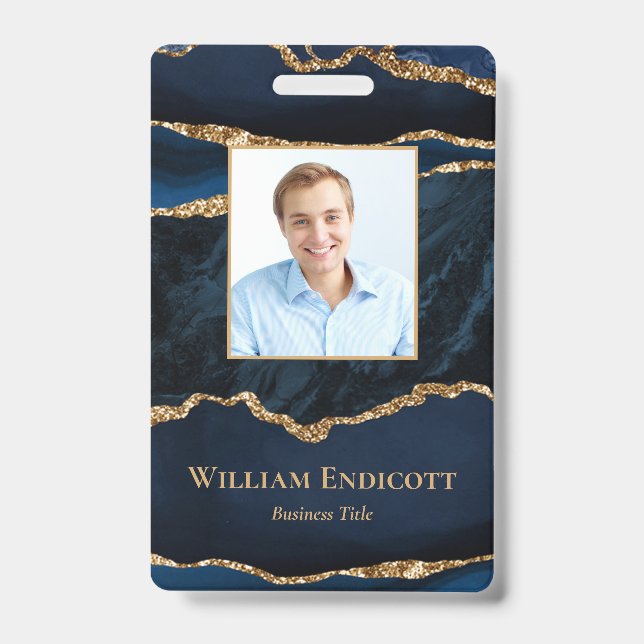 Navy Blue Gold Agate Professional ID Badge (Front)