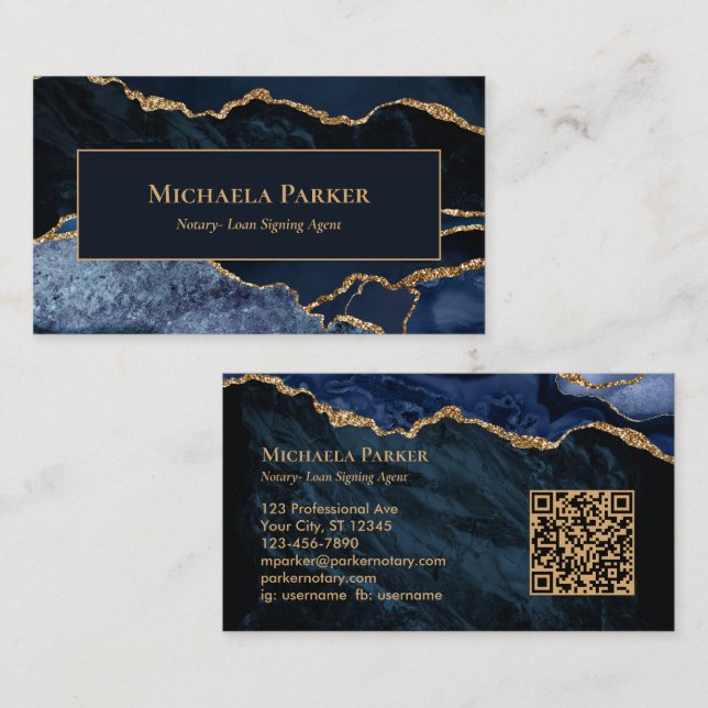 Navy Blue Gold Agate Professional Notary QR Code Business Card (Front/Back)