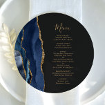 Navy Blue Gold Agate Round Plate Wedding Menu<br><div class="desc">The left-hand edge of this elegant modern wedding menu features a navy blue watercolor agate border trimmed with faux gold glitter. The customizable text combines gold-coloured whimsical handwriting script and copperplate fonts on a slate black background. The reverse side features a matching navy blue and gold agate design.</div>