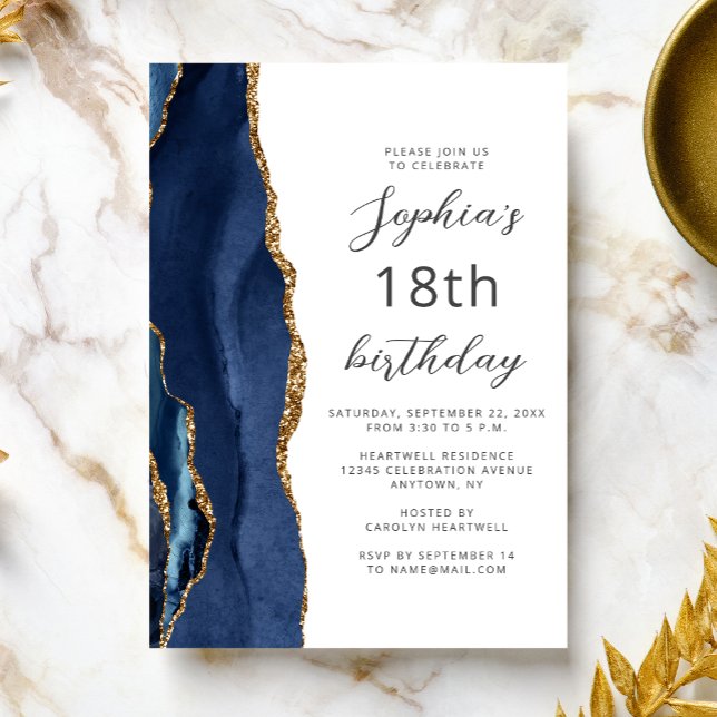 Navy Blue Gold Agate Script 18th Birthday Invitation (Creator Uploaded)
