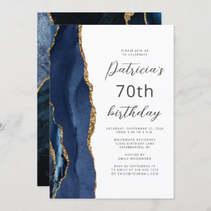 Navy Blue Gold Agate Script 70th Birthday Invitation