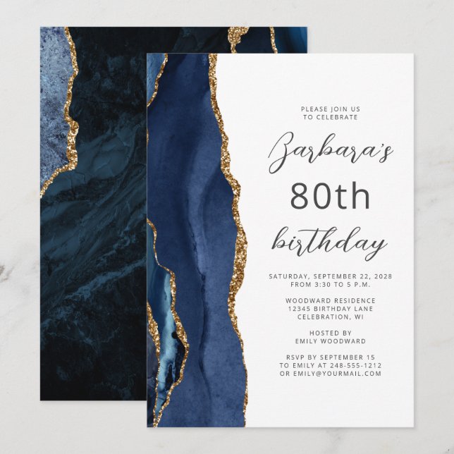 Navy Blue Gold Agate Script 80th Birthday Invitation (Front/Back)