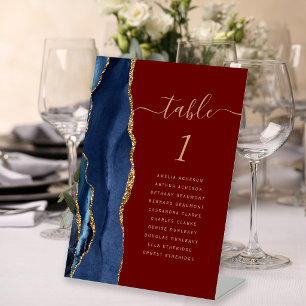 Navy Blue Gold Agate Script Burgundy Wedding Table Pedestal Sign