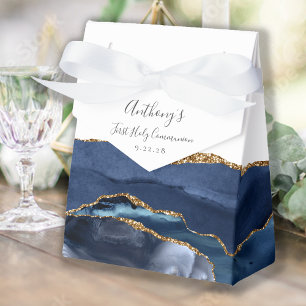 Navy Blue Gold Agate Script First Communion Favor Box