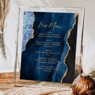 Navy Blue Gold Agate Script Wedding Bar Menu Poster
