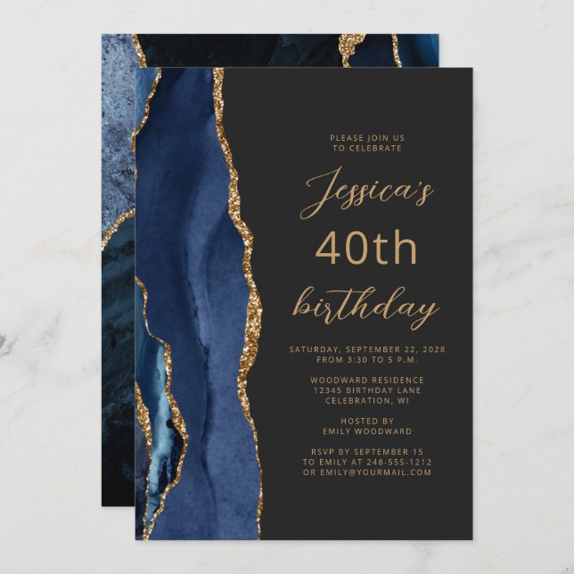 Navy Blue Gold Agate Slate Script 40th Birthday Invitation (Front/Back)