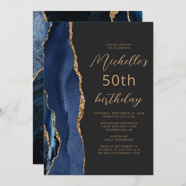 Navy Blue Gold Agate Slate Script 50th Birthday Invitation (Front/Back)