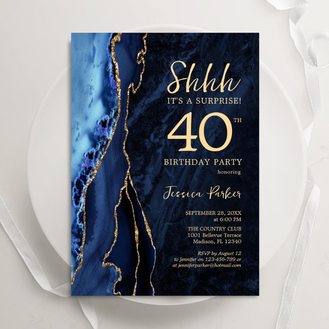 Navy Blue Gold Agate Surprise 40th Birthday Invitation (Creator Uploaded)