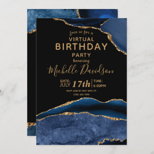 Navy Blue & Gold Agate Virtual Birthday Invitation