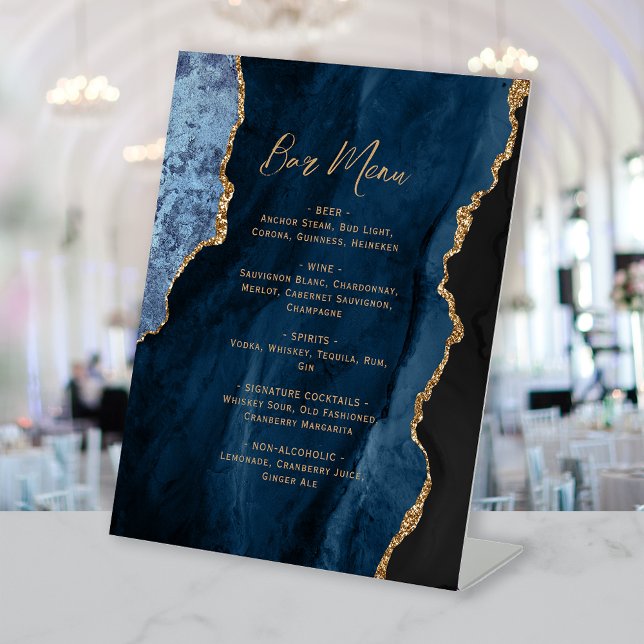 Navy Blue Gold Agate Wedding Bar Menu Pedestal Sign (Creator Uploaded)