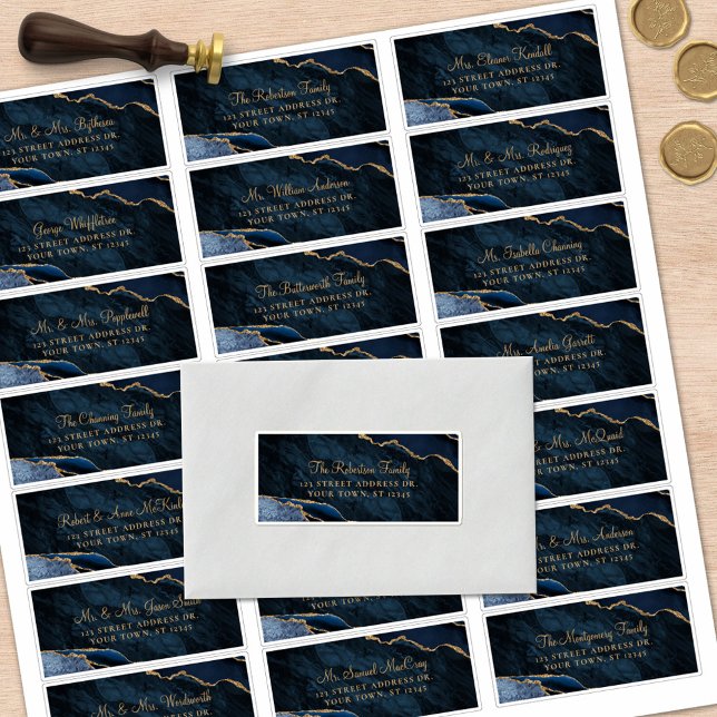 Navy Blue Gold Agate Wedding Guest Address Labels (Creator Uploaded)