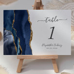 Navy Blue Gold Agate Wedding Table Number<br><div class="desc">The left-hand edge of this elegant modern wedding table number card features a navy blue watercolor agate border trimmed with faux gold glitter. The customizable text combines charcoal grey handwriting,  and italic and copperplate fonts on a white background.</div>