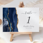 Navy Blue Gold Agate Wedding Table Number<br><div class="desc">The left-hand edge of this elegant modern wedding table number card features a navy blue watercolor agate border trimmed with faux gold glitter. The customizable text combines charcoal grey handwriting,  and italic and copperplate fonts on a white background.</div>