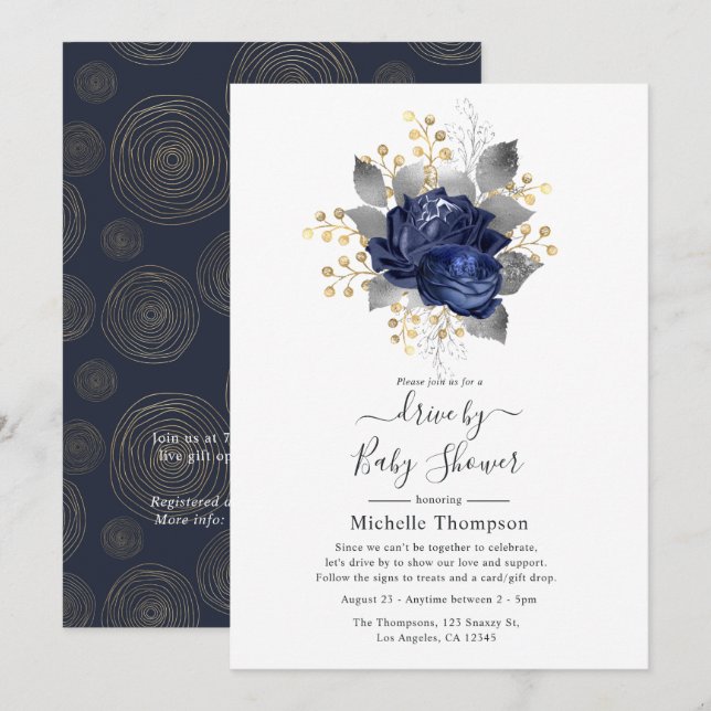 Navy Blue, Gold and Silver Floral Drive By Shower Invitation (Front/Back)