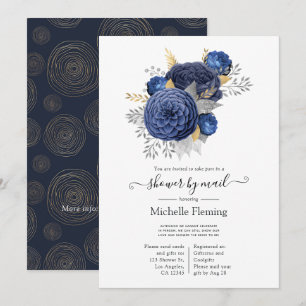 Navy Blue, Gold and Silver Floral Shower by Mail Invitation