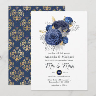 Navy Blue, Gold and Silver Floral Wedding Invitation