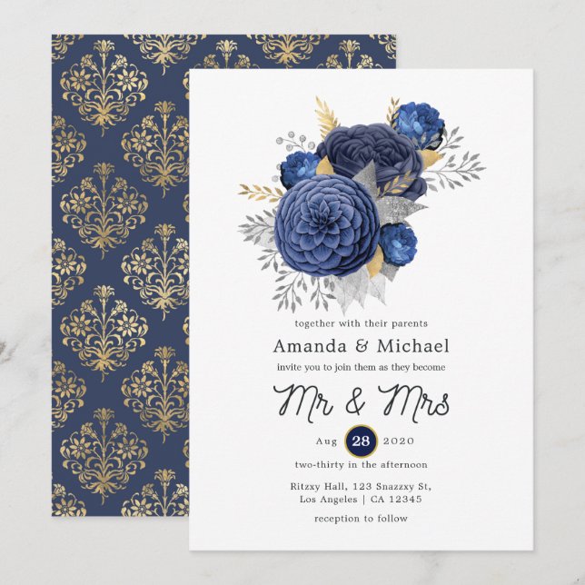 Navy Blue, Gold and Silver Floral Wedding Invitation (Front/Back)