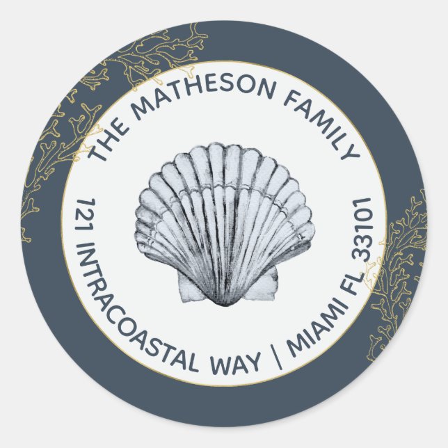 Navy Blue Gold and White Coastal Seashell Address Classic Round Sticker (Front)