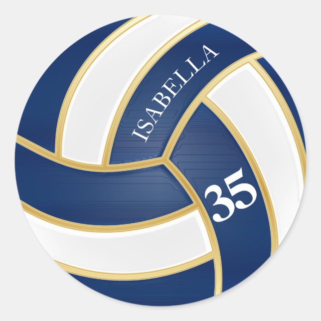 Navy Blue, Gold and White Volleyball - Personalize Classic Round Sticker (Front)