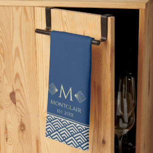 Navy Blue & Gold Art Deco Japanese Fan Customized Kitchen Towel