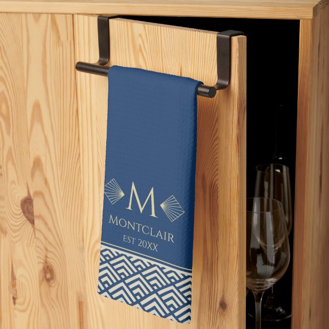 Navy Blue & Gold Art Deco Japanese Fan Customized Kitchen Towel (Thirds Fold)