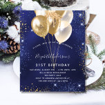 Navy blue gold balloon birthday invitation<br><div class="desc">A modern,  stylish and glamourous invitation for a 21st (or any age) birthday party.  A navy blue background,  decorated with blue and faux gold glitter sparkles and golden balloons. The blue colour is uneven. Personalize and add your name and party details.</div>