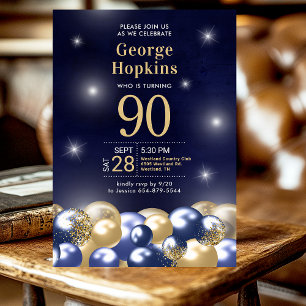 Navy Blue Gold Balloons 90th Photo Birthday Party  Invitation